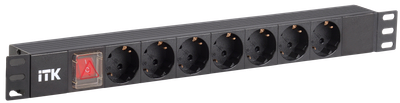 ITK PDU 7 розеток нем. стандарт, с LED выключателем,1U, без шнура, вх. C14, алюминиевый профиль