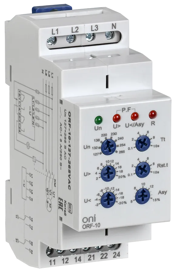 Реле контроля фаз ORF-10 3 фазы 2 контакта 127-265В AC с контролем нейтрали ONI