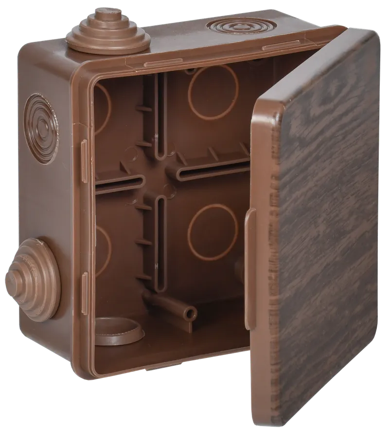 KM soldering box for open wiring with a hinged cover 100x100x50mm IP54 8 cable glands oak IEK