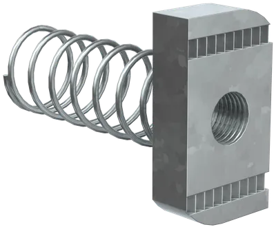 Гайка канальная с удлиненной пружиной предназначена для крепления элементов STRUT-системы между собой, а также кабельных лотков к STRUT-консолям.
Используется с профилем сечения 41х41.