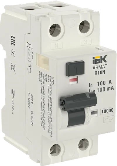 ARMAT R10N series differential current circuit breakers have the function of protecting people against electric shock as well as fire protection in the event of a ground fault. The model range includes devices with types of differential current protection AC, A, AC-S, A-S; rated currents from 25 to 100 A; rated differential current operation from 10 to 300mA. The rated breaking capacity of ARMAT Series R10N is 10 kA.