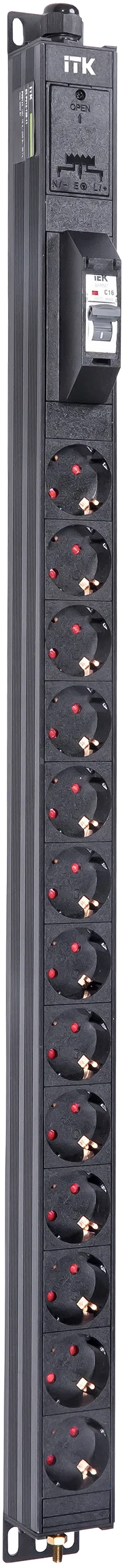 Вертикальный однотипный блок распределения питания PDU ITK включает в себя 13 розеток Schuko. PDU ITK изготавливается из высококачественных термостойких материалов и пластмасс, оснащается 2,6 метровым кабелем электропитания с вилкой Schuko. PDU ITK прекрасно справляется с задачей по электроснабжению сетевого оборудования в шкафах и стойках, а также с требованием защиты от токов короткого замыкания и перенапряжения. PDU ITK соответствует российским и международным стандартам качества и устанавливается с помощью кронштейнов, при этом положение кронштейнов можно менять, либо безынструментальным методом при помощи монтажных штифтов.