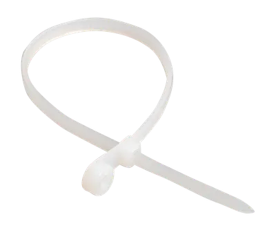 The clamp is designed for fastening and bandaging wires and cables. The end of the tie has a hole for fastening the clamp to the working surface using self-tapping screws