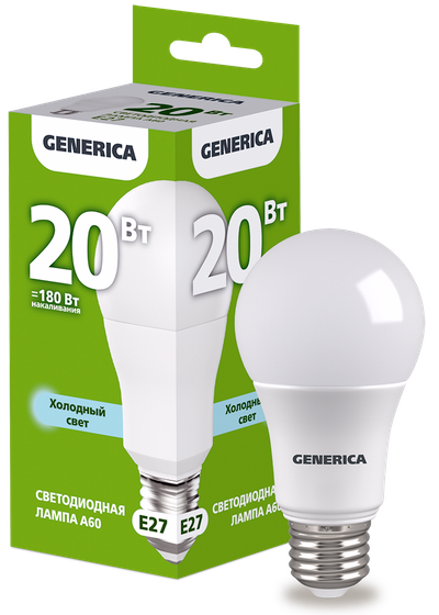 Лампа светодиодная A60 груша 20Вт 230В 6500К E27 GENERICA