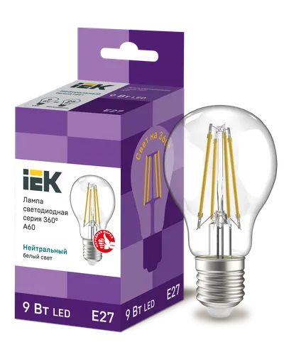 LED lamp A60 ball transparent. 9W 230V 4000K E27 series 360° IEK with filament LED (filament thread) is one of the most efficient light sources.
The main difference from conventional LED lamps is the light dispersion angle of up to 360° (additional comfort for the eyes). The lamp is used in household lighting devices. Presented in 3 versions: with transparent, gilded and matte flasks.
Complies with the requirements of the Technical Regulations of the Customs Union TR TS 004/2011, TR TS 020/2011, IEC 62560 and Decree of the Government of the Russian Federation dated November 10, 2017 No. 1356.