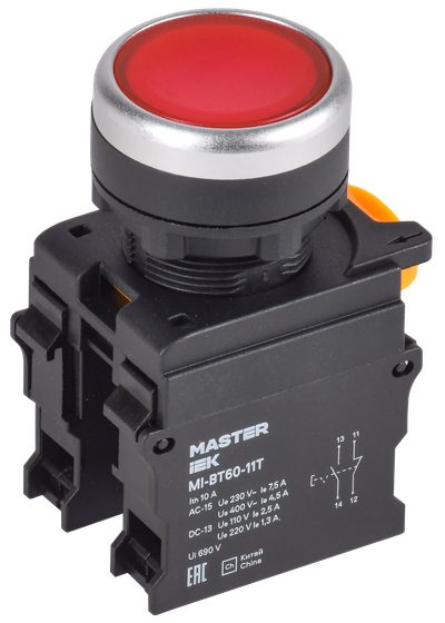 Кнопка с фиксацией d=22мм 1NO+1NC красная MASTER IEK