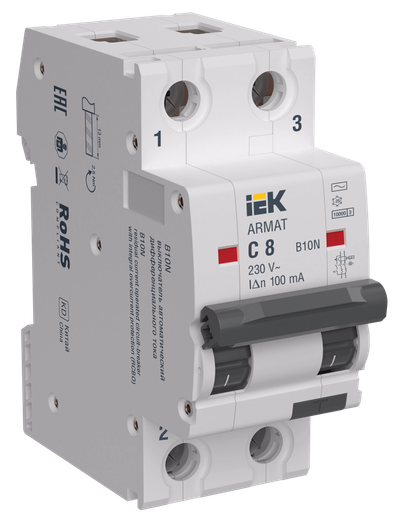ARMAT Автоматический выключатель дифференциального тока B10N 2P C8 100мА тип AC IEK