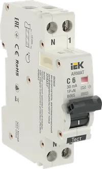 ARMAT Автоматический выключатель дифференциального тока B06S 1P+NP C6 30мА тип A (18мм) IEK