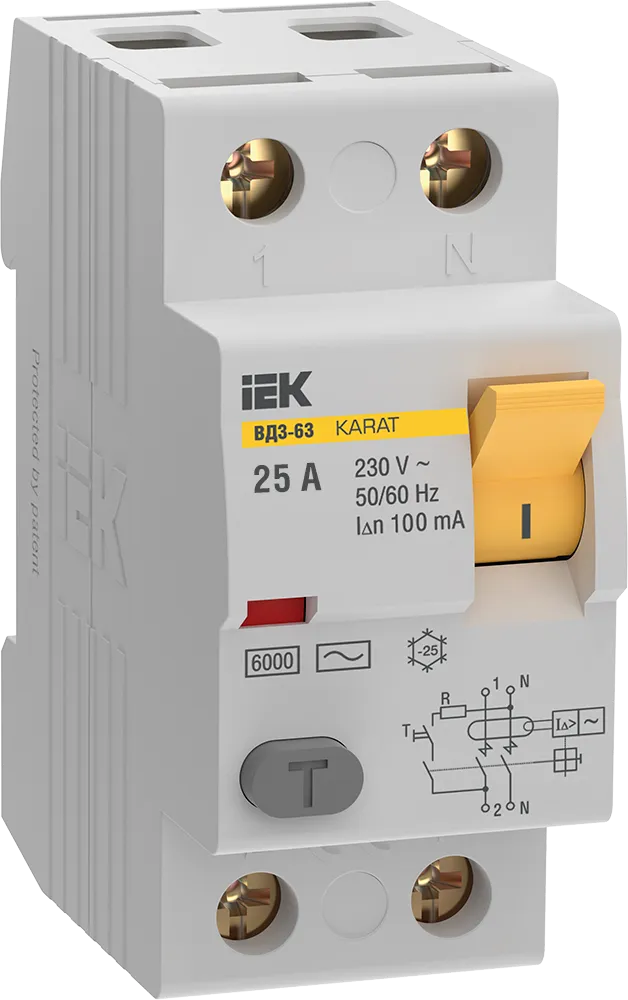 Выключатель дифференциальный (УЗО) KARAT ВД3-63 2P 25А 100мА 6кА тип AC IEK
