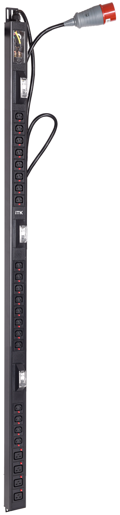 ITK BASE PDU вертикальный PV1113 36U 3 фаза 32А 20 розеток C13 + 4 розетки C19 кабель 3м вилка IEC60309 (промышленная)