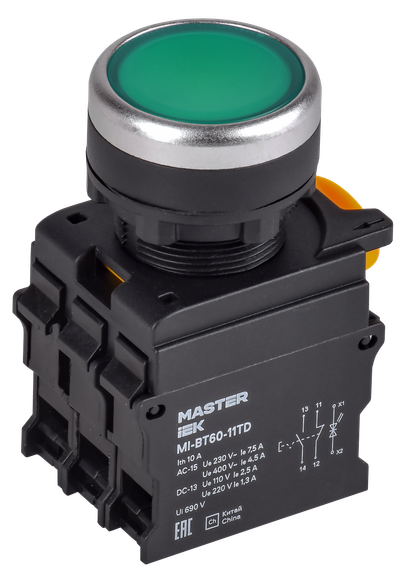 Кнопка с подсветкой и фиксацией d=22мм 1NO+1NC зелёная MASTER IEK