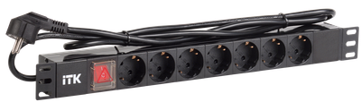 ITK PDU 7 розеток DIN49440 (нем. станд.) с LED выключателем, 1U, шнур 2м вилка DIN49441 (нем. станд.), профиль из ПВХ, черный