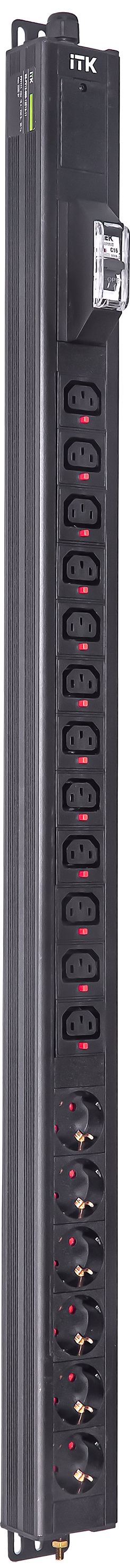 ITK BASE PDU вертикальный PV1111 23U 1 фаза 16А 6 розеток SCHUKO (немецкий стандарт) + 12 розеток C13 кабель 2,6м вилка SCHUKO (немецкий стандарт)
