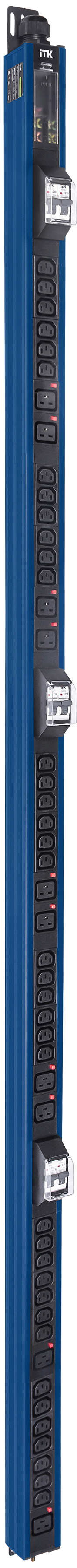 ITK BASE PDU вертикальный PV1113 45U 3 фазы 32А 38 розеток C13 + 10 розеток C19 с клеммной колодкой и кабелем 6м вилка IEC60309 (промышленная) синий