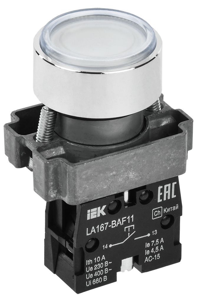Кнопка управления LA167-BAF11 d=22мм 1NO белая IEK (BBT20-BAF11-1-22-67-K01)