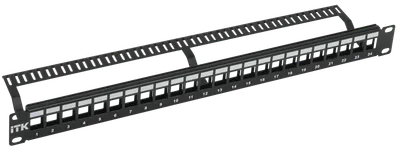 Коммутационные панели или патч-панели являются важнейшей частью любой СКС и IT-инфраструктуры здания и сооружения с большим количеством информационных розеток и терминальных портов конечных пользователей, которые необходимо коммутировать на порты активного сетевого оборудования, размещенного в серверных и распределительных узлах.

В зависимости от способа крепления, масштабности кабельной системы, типа сети ITK изготавливает патч-панели для настенного монтажа или монтажа в 19-дюймовый конструктив, по количеству портов: 12-, 24-, 25-, 48-, 50-, категорий: 3 (телефонные), 5E, 6, 6A, в экранированном исполнении и без защитного экрана.

Патч-панели для монтажа в 19" шкаф или стойку соответствуют стандарту 19" (482,6 мм), имеют отверстия с левой и правой стороны для крепления на профиль, производятся высотой 0,5, 1 или 2 юнита.
На передней стороне все патч-панели ITK имеют специальную площадку для дополнительной маркировки и цифровую нумерацию портов, на обратной стороне модули IDC имеют цветовую и цифровую нумерацию. Также для облегчения монтажа и укладки кабелей имеются изделия с кабельным органайзером спереди или сзади.

Патч-панели соответствуют международным стандартам UL 1863, ISO/IEC 11801:2002, TIA/EIA-568-B, кодировка проводников в соответствии с T568B и A.
Поставляются в картонной коробке с крепежом.