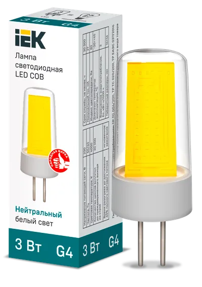 Светодиодная капсульная лампа LED COB капсула 3Вт 230В 4000К керамика G4 IEK является заменой капсульных галогенных ламп соответствующего цоколя и используются как для основного освещения жилых и коммерческих помещений, так и для точечной и акцентной подсветки.