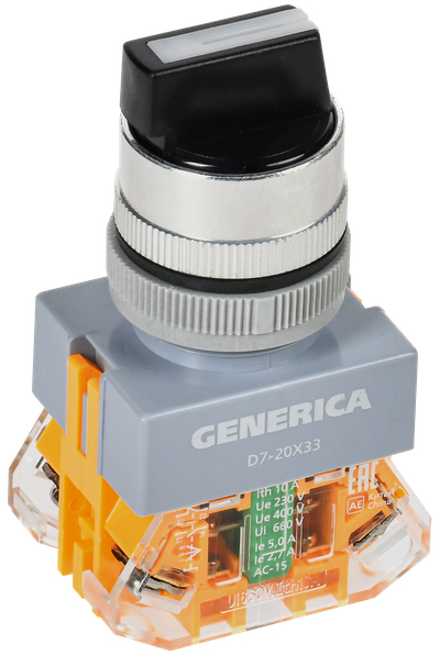 Переключатель D7-20X33 на 3 положения 1NC+1NO с самовозвратом черный GENERICA