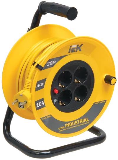 An extension cord on a reel makes it easy to connect electrical equipment remote from a fixed outlet. Indispensable on construction sites, in gardens, in amusement parks, in industry and in everyday life.