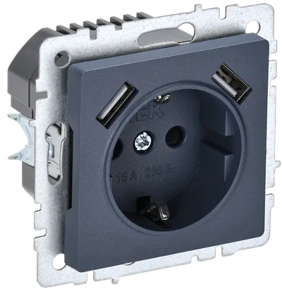BRITE Socket 1gang grounded with protective shutters 16A with USB A+A 5V 3.1A RYush10-2-BrM marengo IEK