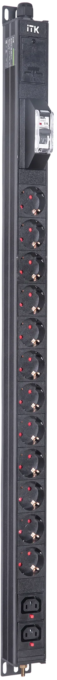 ITK BASE PDU вертикальный PV1111 20U 1 фаза 16А 12 розеток SCHUKO (немецкий стандарт) + 2 розетки C13 кабель 2,6м вилка SCHUKO (немецкий стандарт)