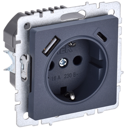 BRITE Розетка 1-местная с заземлением с защитными шторками 16А с USB A+C 18Вт РЮш11-1-БрМ маренго IEK
