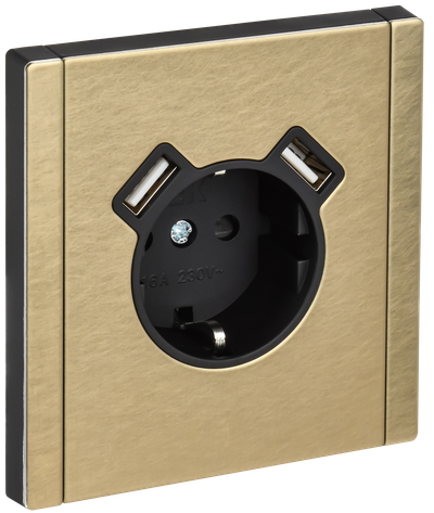 FORTE&PIANO Розетка 1-местная с заземлением с защитными шторками винтовое крепление 16А USB A+A 3,1А FP645M металл шампань IEK