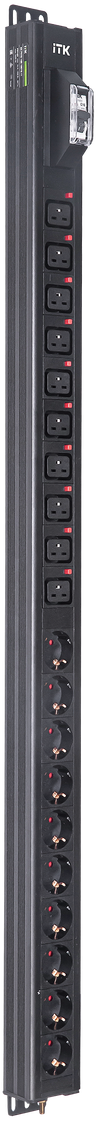 ITK BASE PDU вертикальный PV1101 24U 1 фаза 16А 10 розеток SCHUKO (немецкий стандарт) + 10 розеток C19 без кабеля с входным разъемом C200