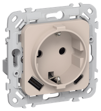 FLITE Розетка 1-местная с заземлением с защитными шторками 16А с USB A+C 20Вт РСЮшс11-0-ФлЛ льняной IEK