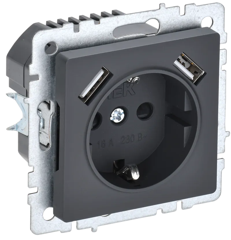 BRITE Socket outlet 1-gang with earthing with protective shutters 16A with USB A+A 5V 3.1A RYush10-2-BrG graphite IEK