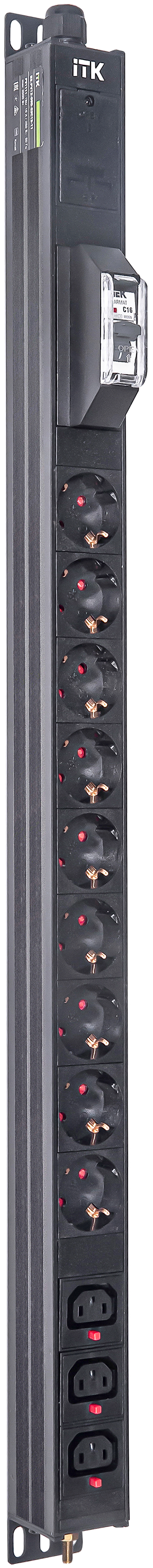 ITK BASE PDU вертикальный PV1111 18U 1 фаза 16А 9 розеток SCHUKO (немецкий стандарт) + 3 розетки C13 кабель 2,6м вилка SCHUKO (немецкий стандарт)