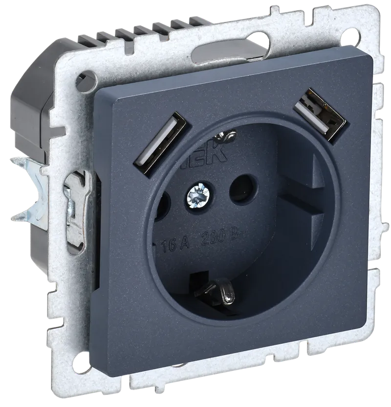 BRITE Socket outlet 1-gang with earthing with protective shutters 16A with USB A+A 5V 2.1A RYush10-1-BrM marengo IEK