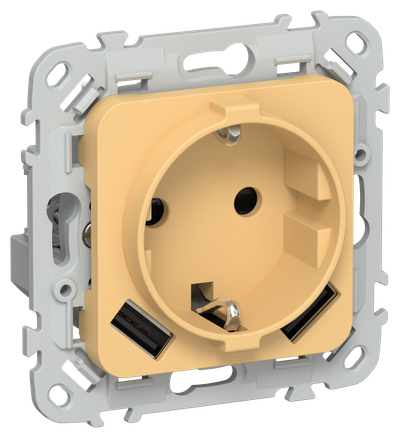 FLITE Розетка 1-местная с заземлением с защитными шторками 16А с USB A+A 3,1А безвинтовое крепление РСЮша11-1-ФлЗ золотарник IEK