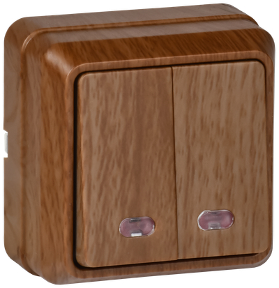 OKTAVA Выключатель 2-клавишный с индикацией для открытой установки 10А ВС20-2-1-ОД дуб GENERICA