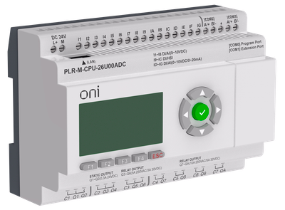 Micro PLC ONI. Expandable version. With built-in screen. 16 discrete inputs (4 as 0-20mA, 8 as 0-10V, 4 up to 60kHz), 2 transistor outputs up to 10kHz, 8 relay outputs. RTC. SD card. 2xRS485. ethernet. Supply voltage 24V DC