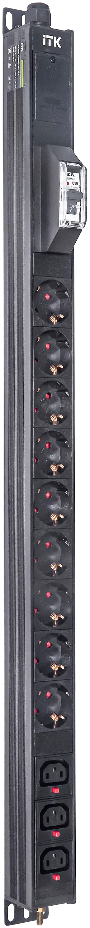 ITK BASE PDU вертикальный PV1111 18U 1 фаза 16А 9 розеток SCHUKO (немецкий стандарт) + 3 розетки C13 кабель 2,6м вилка SCHUKO (немецкий стандарт)
