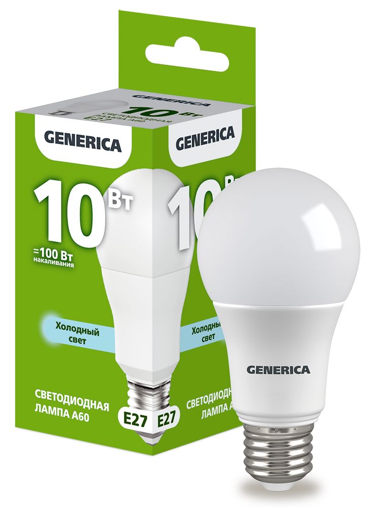 Лампа светодиодная A60 груша 10Вт 230В 6500К E27 GENERICA (LL-A60-10-230-65-E27-G)