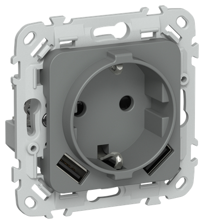 FLITE Розетка 1-местная с заземлением с защитными шторками 16А с USB A+A 3,1А безвинтовое крепление РСЮша11-1-ФлМА мокрый асфальт IEK