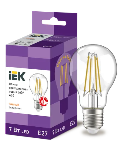 LED lamp A60 ball transparent. 7W 230V 3000K E27 series 360° IEK with filament LED (filament thread) is one of the most efficient light sources.
The main difference from conventional LED lamps is the light dispersion angle of up to 360° (additional comfort for the eyes). The lamp is used in household lighting devices. Presented in 3 versions: with transparent, gilded and matte flasks.
Complies with the requirements of the Technical Regulations of the Customs Union TR TS 004/2011, TR TS 020/2011, IEC 62560 and Decree of the Government of the Russian Federation dated November 10, 2017 No. 1356.