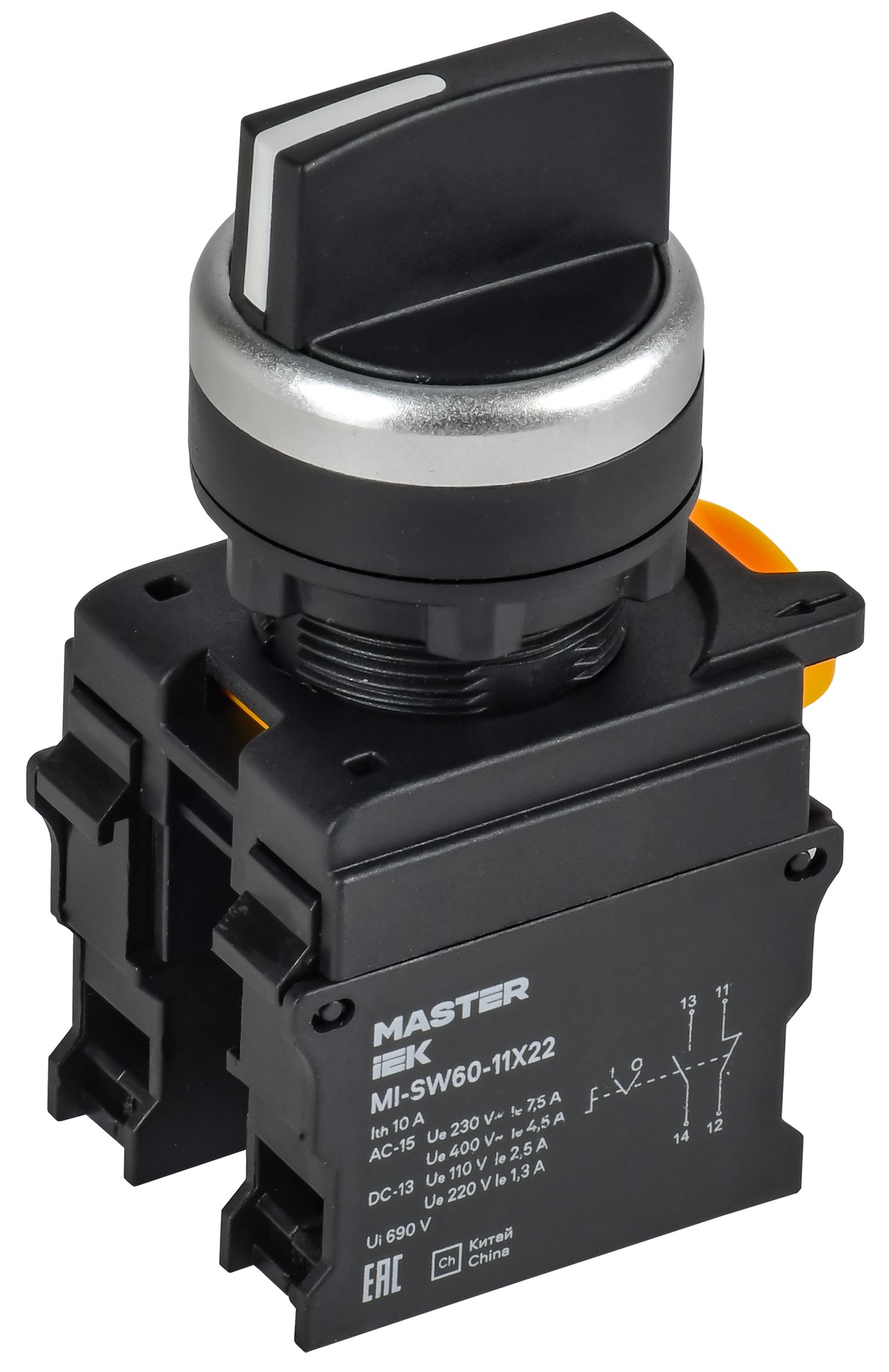 Переключатель на 2 положения возвратный 1NO+1NC чёрный MASTER IEK (MI-SW60-11X22-3-24-2-K02)