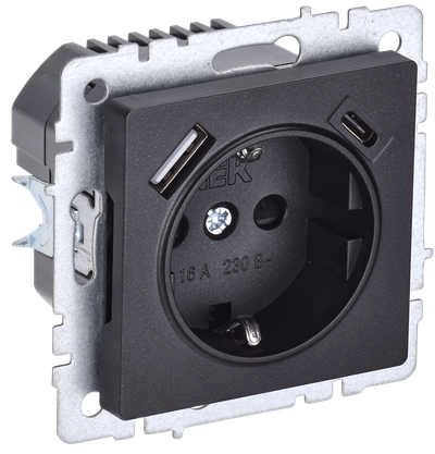 BRITE Розетка 1-местная с заземлением с защитными шторками 16А с USB A+C 18Вт РЮш11-1-БрЧ черный IEK