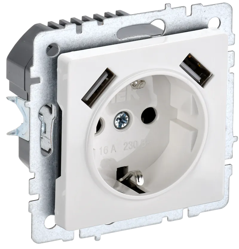 BRITE Socket outlet 1-gang with earthing with protective shutters 16A with USB A+A 5V 2.1A RUSH10-1-BrB white IEK