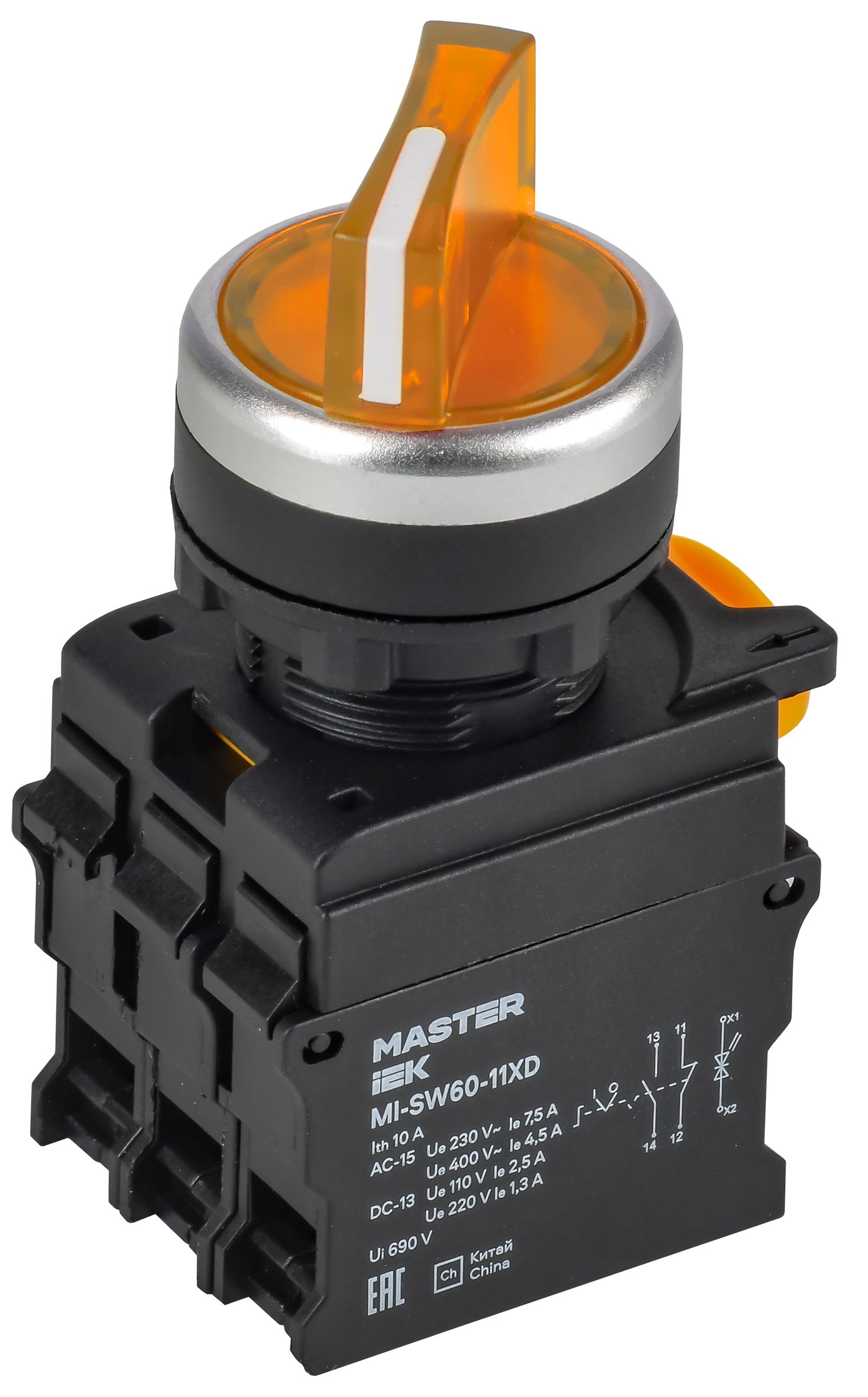 Переключатель с подсветкой на 2 положения 1NO+1NC жёлтый MASTER IEK (MI-SW60-11XD-3-14-2-K05)