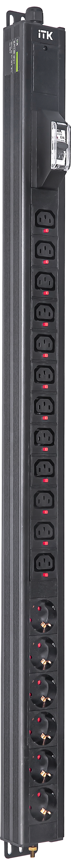 ITK BASE PDU вертикальный PV1111 23U 1 фаза 16А 6 розеток SCHUKO (немецкий стандарт) + 12 розеток C13 кабель 2,6м вилка SCHUKO (немецкий стандарт)