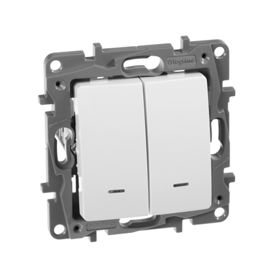 ETIKA Переключатель 2-клавишный с подсветкой/индикацией схема 6/2L 10АХ безвинтовые зажимы белый