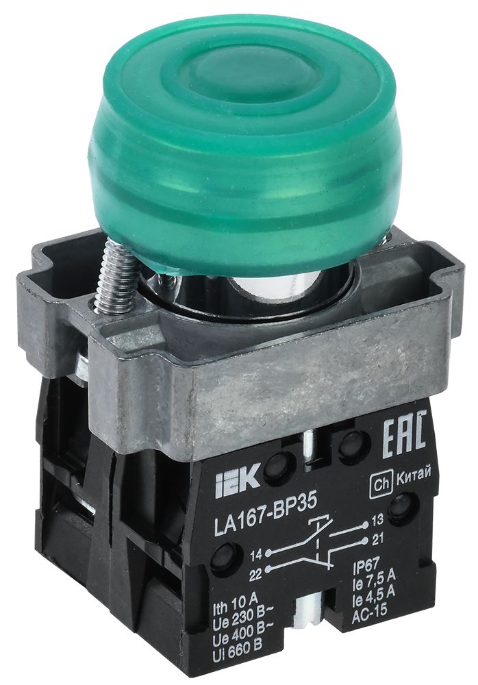 Кнопка управления LA167-BP35 d=22мм 1NO+1NNC зеленая IEK (BBT20-BP35-3-22-67-K06)