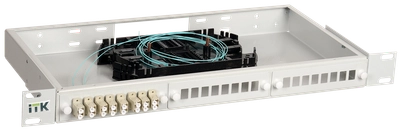 ITK 1U Оптический распределительный кросс укомплектованный: адаптеры LC (duplex) 24шт; пигтейлы LC/UPC 50/125 (OM3); сплайс-кассета; КДЗС