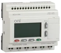 PLR-S logic relay. ONI series CPU module with 12 digital input channels (6 of which can be used as analog input 0..10 V DC), 6 relay output channels (up to 10A). Built-in high-speed counting channels up to 60 kHz. Built-in display. Built-in RTCs. Up to 1024 program blocks. Supply voltage 12-24 V DC. Expandable.