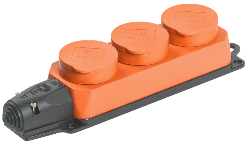 Розетка (колодка) 3-местная РБ33-1-0м с защитными крышками IP44 ОМЕГА каучук оранжевая IEK