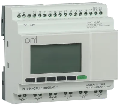 Модуль ЦПУ микро ПЛК ONI с возможностью расширения количества каналов ввода-вывода и коммуникаций с помощью модулей расширения ONI PLR-S. С интегрированным полнофункциональным экраном, 12 дискретными входами, 2 из которых можно использовать как аналоговые 0-20мА или 0-10В, 6 как аналоговые 0-10В и 4 как высокоскоростные счетчики до 60кГц, 6 релейными выходами. Архивация данных процесса при использовании стандартной SD карты. Интегрирован 1 интерфейс RS485 и 1 интерфейс Ethernet с поддержкой Modbus TCP/RTU/ASCII и MQTT протоколов. Предназначен для управления автоматизированным оборудованием. Напряжение питания 24В DC.